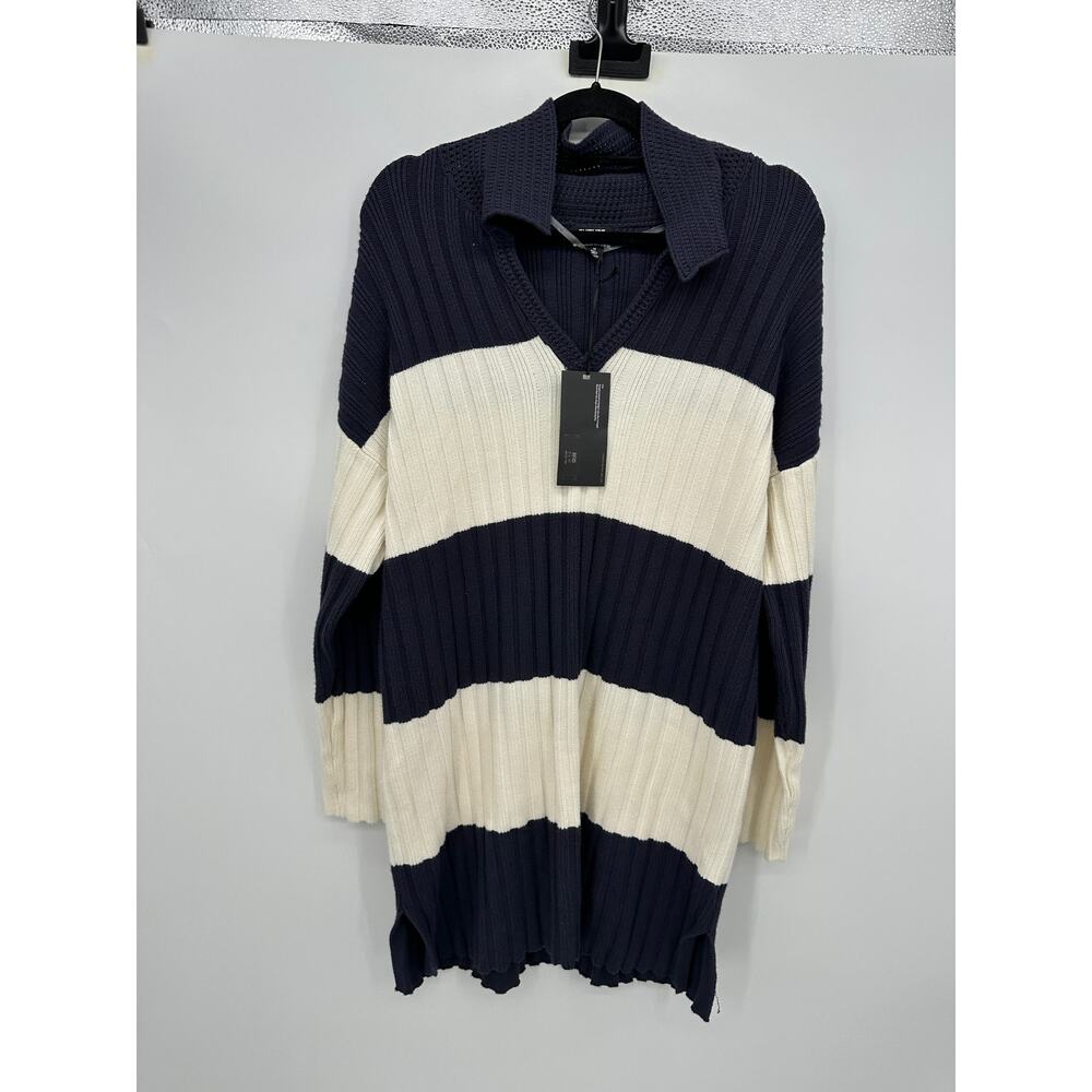 Future Collective Womens Chunky Knit Striped Sweater Dress Sz M Rugby Navy White